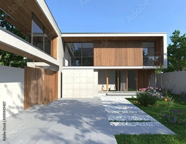 Fototapeta Modern Home Facade Sleek Design with Stone Path, and Blue Sky.