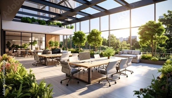 Fototapeta Green Office Oasis Modern Workspace with Nature Views.