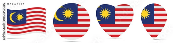 Obraz Malaysia waving flag, round circle sticker badge, heart shaped icon, map pin. Malaysian flag buttons of different shapes. Vector illustration isolated on white.