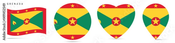 Obraz Grenada waving flag, round circle sticker badge, heart shaped icon, map pin. Grenadian flag buttons of different shapes. Vector illustration isolated on white.