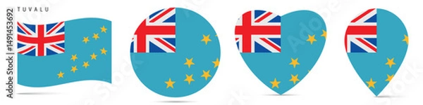 Fototapeta Tuvalu waving flag, round circle sticker badge, heart shaped icon, map pin. Ellice Islands flag buttons of different shapes. Vector illustration isolated on white.