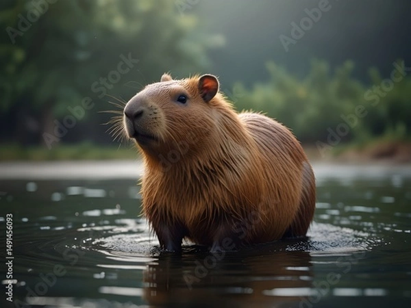 Obraz Capybara standing in water with trees in background. The worlds largest rodent is native to South America and is semiaquatic mammal of the family Caviidae.