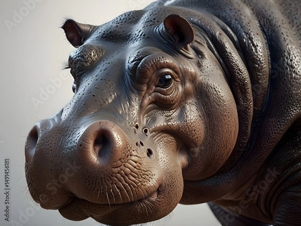 Obraz Close up of a hippopotamus head, showcasing its wrinkled skin, small ears, and nostrils. The animals eye and part of its body are also visible.