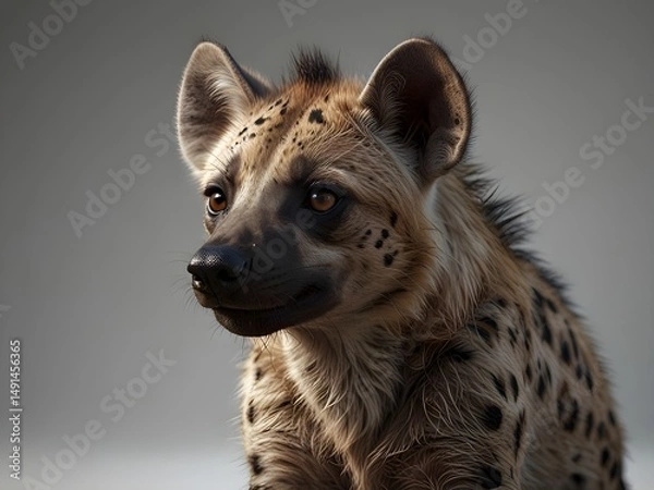 Obraz Close up of a spotted hyena with mottled fur and dark muzzle, looking to the side against a neutral background. Wildlife portrait of an African predator.