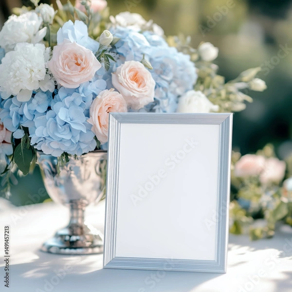 Obraz White frame mock up on the table decorated with bouquet of flowers