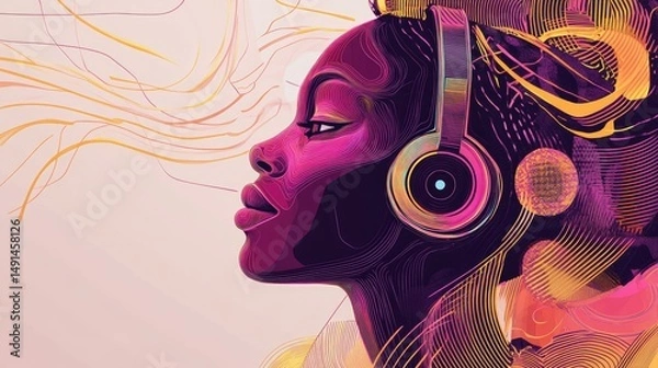 Fototapeta Creative Afrofuturist Illustration of Woman with Headphones. Generative AI