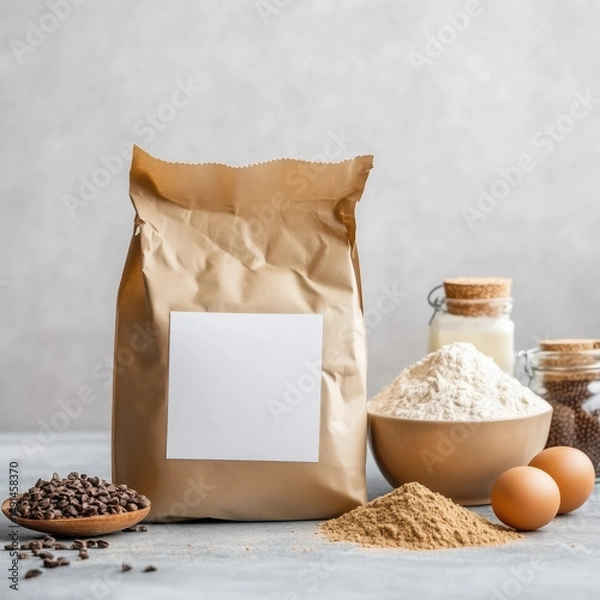 Obraz A kraft paper bag on a table with various ingredients for baking