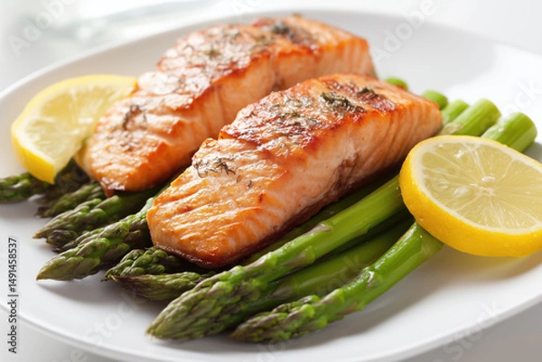 Obraz Freshly cooked salmon filets served on a bed of asparagus, garnished with lemon slices for a light and elegant meal presentation