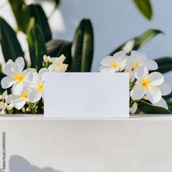 Obraz Blank card mock up on a stone surface surrounded by tropical frangipani flowers