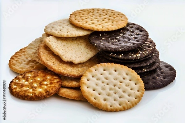 Obraz An assortment of delicious crackers in various flavors and colors stacked together.