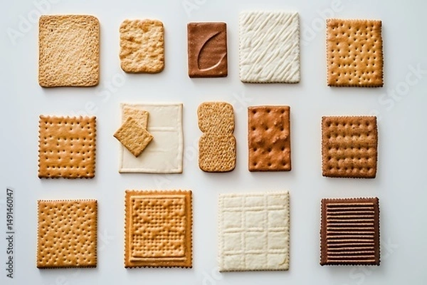 Obraz Variety of cookies and crackers displayed on a neutral background.