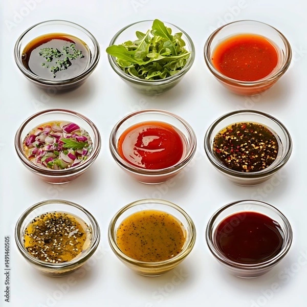 Obraz Colorful array of sauces and ingredients in small glass bowls on a light background.
