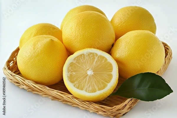 Obraz Fresh yellow lemons stacked in a woven basket, with one lemon cut in half.