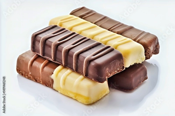 Obraz Assorted chocolate bars stacked on a reflective surface, showcasing diverse flavors.