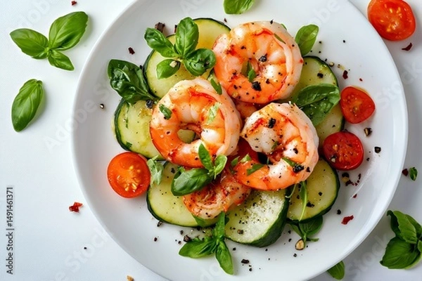 Obraz Beautifully plated grilled shrimp with fresh zucchini and cherry tomatoes.