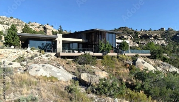 Fototapeta Mountain Modern Luxurious Home Nestled in Rugged Landscape.