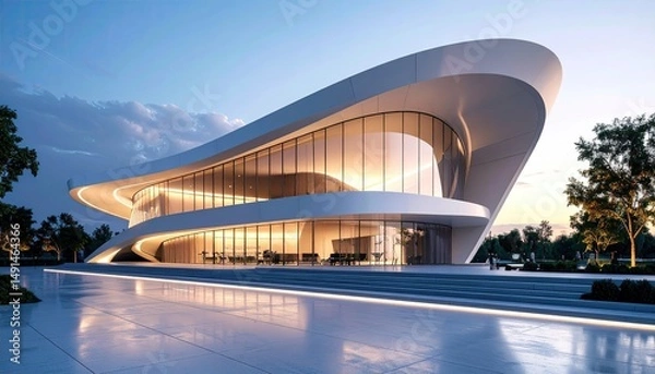 Fototapeta Futuristic Curve Modern Building Glows at Dusk.