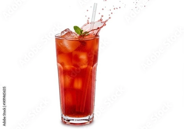 Fototapeta Refreshing red cocktail with ice cubes, mint garnish and a splash of liquid