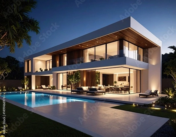 Fototapeta Modern Luxury Villa at Dusk with Infinity Pool.