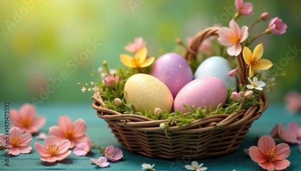 Obraz Decorated eggs nestled in a spring basket with blooming flowers, celebrating Easter , cross, rabbit