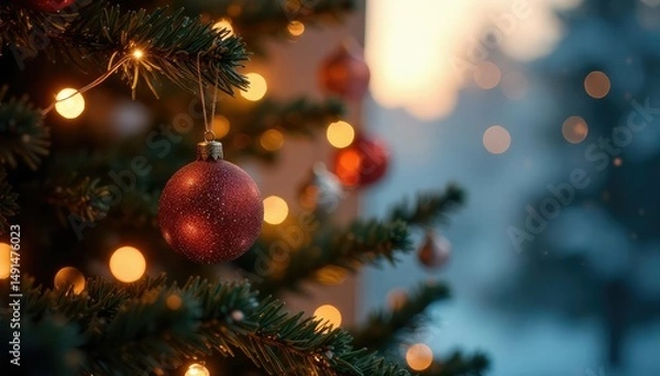 Fototapeta Festive sparkles adorn a Christmas tree, creating a magical holiday glow , holiday decoration, silver, illuminated