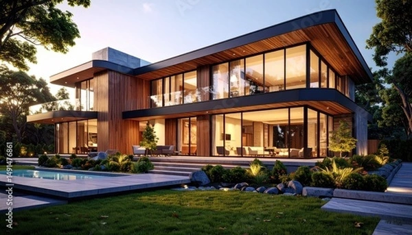 Fototapeta Modern Luxury Sleek Home Design with Pool and Verdant Landscape.
