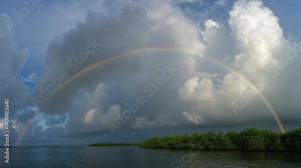 Fototapeta Stunning double rainbow arcing over water and lush green islands under dramatic cloudy sky