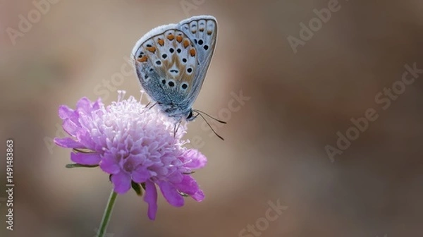 Fototapeta Delicate common blue butterfly perched on a vibrant pink flower in soft focus