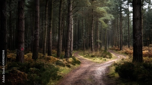 Fototapeta Winding forest path leads to unknown destinations through tall trees with overcast skies