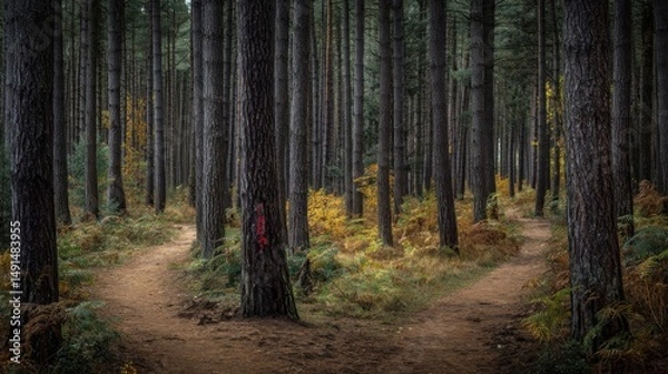 Fototapeta Forest paths diverging among tall trees in a peaceful autumnal woodland scene