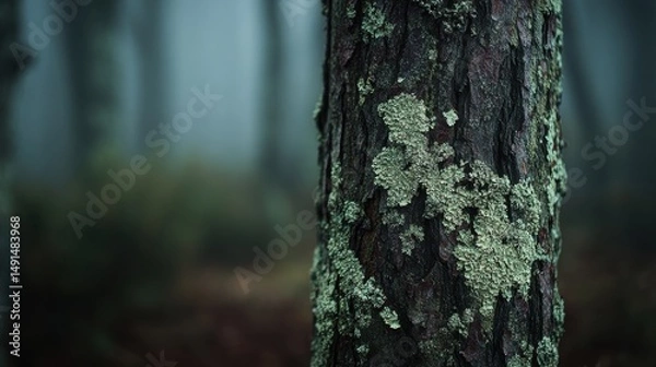 Fototapeta Close up view of a tree trunk covered in moss in a misty forest landscape