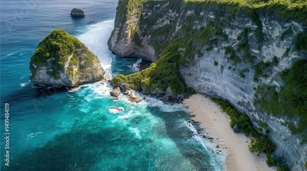 Fototapeta Stunning aerial view of kelingking beach turquoise waters and dramatic cliffs in nusa penida