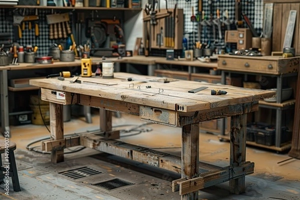 Fototapeta ultra HD image of Wooden workshop table used for various carpentry and DIY projects