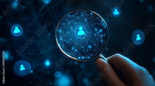 Fototapeta Digital Persona Search: Magnifying Glass Reveals Network Connections and User Data