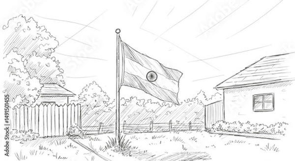 Fototapeta Flag waving in front yard of house with trees under sunny sky - Concept of India's Independence Day  