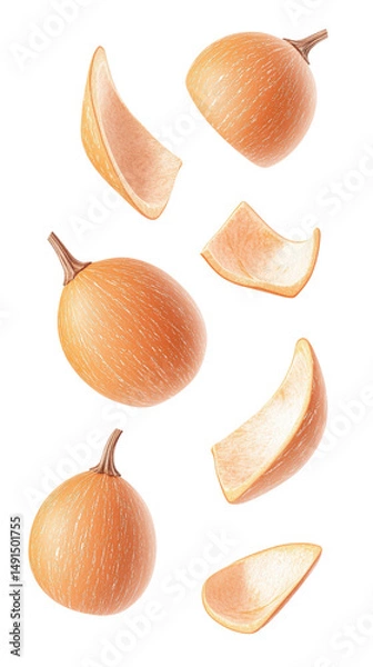 Obraz Fresh sweet onions with peeled slices and whole bulbs isolated on white background for cooking ingredients or food preparation