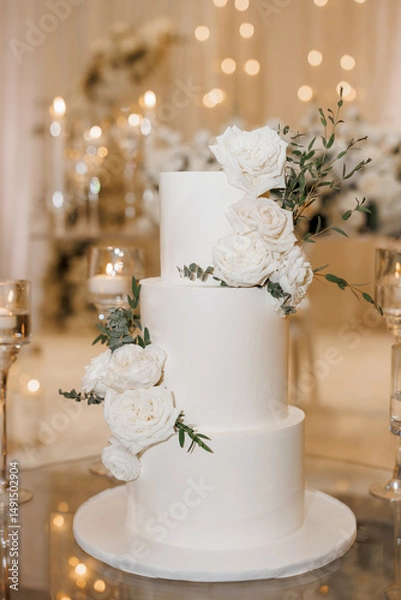 Obraz Beautiful three-tiered festive wedding cake at the reception. Large white cream wedding cake decorated with fresh roses close-up. Elegant wedding dessert in the restaurant