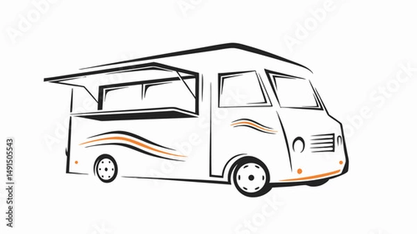 Obraz Illustration of a stylized food truck with open serving window and orange accent lines on white editable vector eps/eps