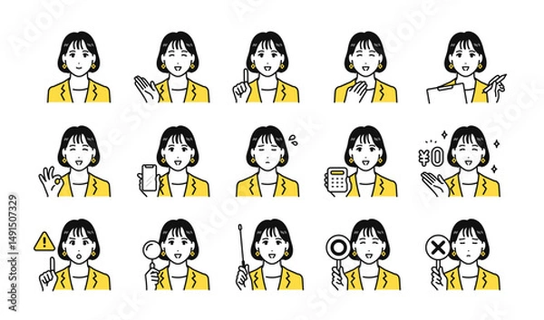 Fototapeta 若い女性コンサルタントのビジネス向けアイコン表情セット