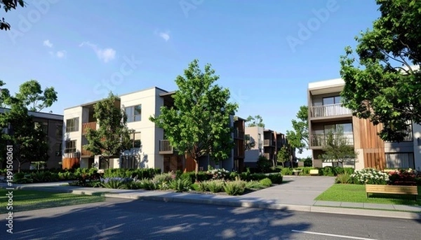 Fototapeta Suburban Serenity Modern Townhouses Amidst Lush Greenery.