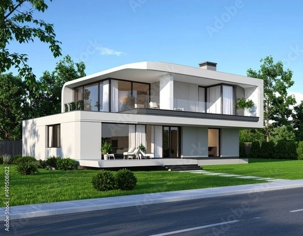 Fototapeta Modern Cube Home Bright White Villa with Lush Lawn  Blue Sky.