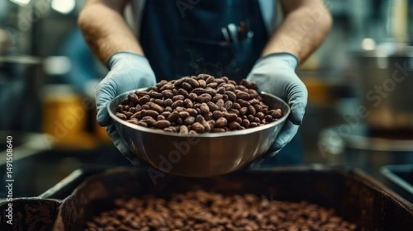 Obraz Factory Worker Holding Cocoa Beans