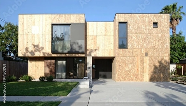 Fototapeta Modern Oriented Strand Board OSB Home in the Suburbs.