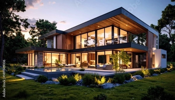 Fototapeta Modern Luxury Home Oasis at Twilight.