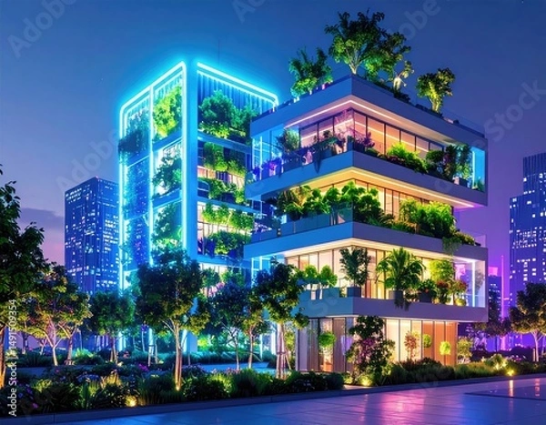 Fototapeta EcoFriendly Cityscape Vertical Garden Building at Dusk.