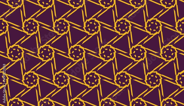 Fototapeta Vector illustration with pattern in triangles style. Curved line. Decorative design for For interior wallpaper, smart design, fashion print. Purple, orange color. Seamless