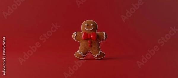 Fototapeta festive gingerbread man with a red bow tie on a red background c
