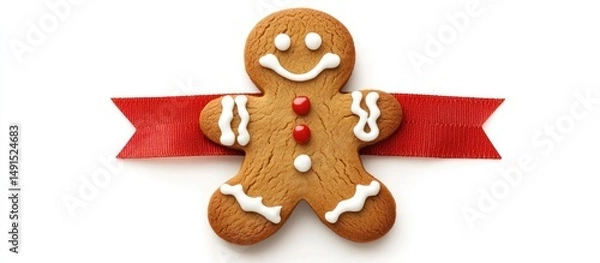 Obraz festive gingerbread man cookie with a bright red ribbon, a delig