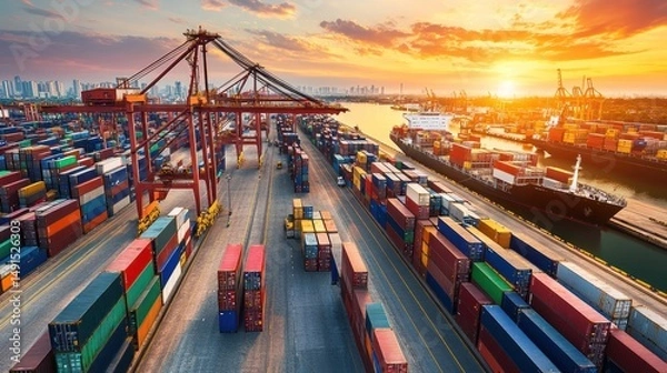 Obraz aerial view of a busy container port at sunset with cranes loadi