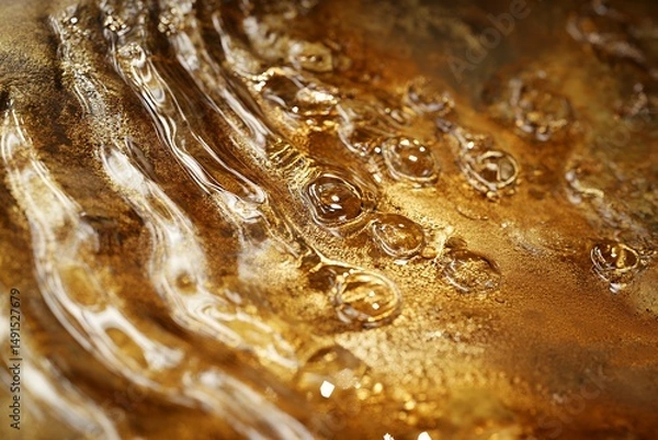Fototapeta Golden Liquid Surface with Bubbles